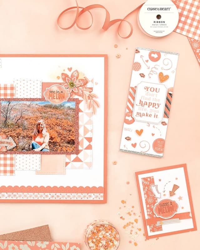 Coral scrapbook layout and cards from a summer paper collection