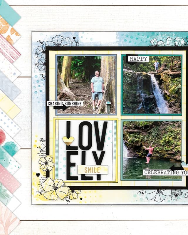 Four-photo travel scrapbook layout with floral stamping