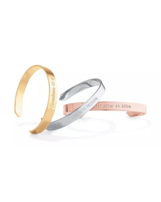 Engraved cuffs in gold, silver and rose gold tones