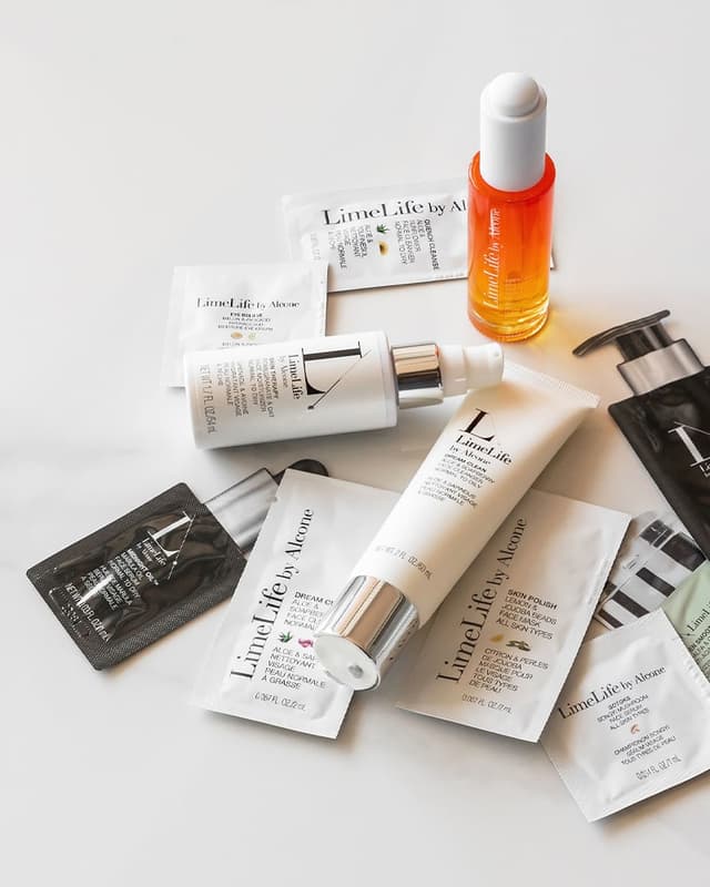 LimeLife skin care and sample sachets from a Starter Set