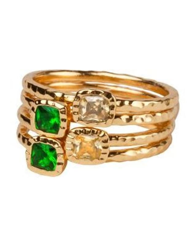 Hammered gold-tone stacking rings with green and champagne stones