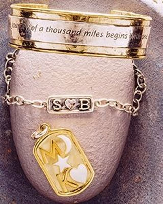 Stamped cuff and initial chain bracelet