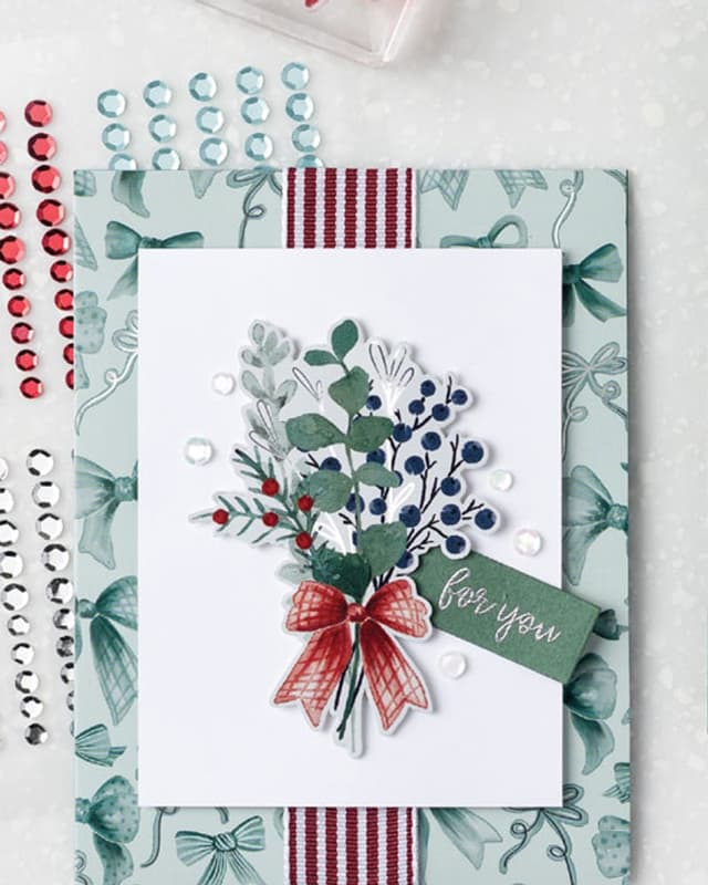 Christmas bouquet card with striped ribbon and adhesive gems