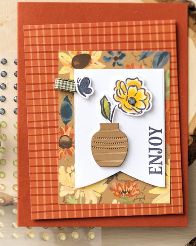 Autumn "Enjoy" card with plaid paper and die-cut vase