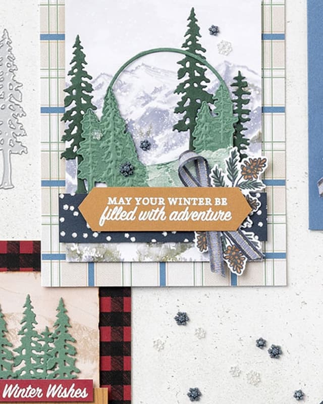 Winter mountain scene card with die-cut pine trees