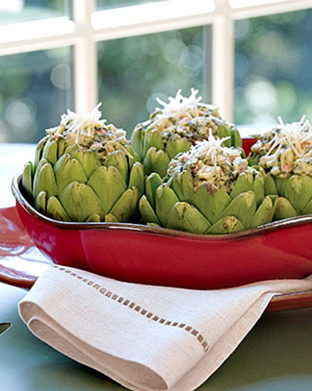 Red baker with stuffed artichokes