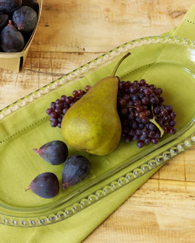 Beaded glass platter with pear, figs and grapes
