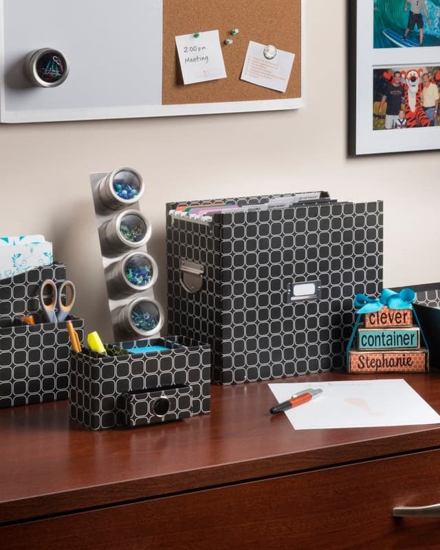 Black geometric office desk set and file box