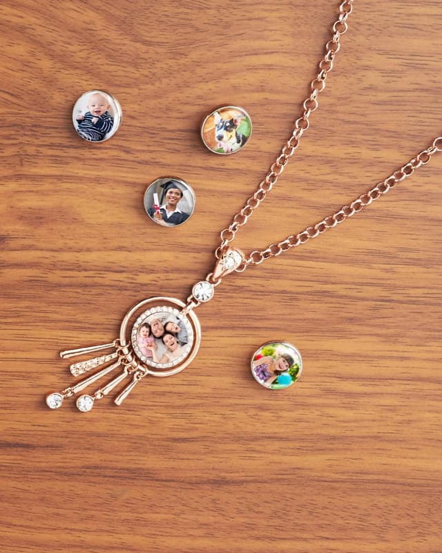 Custom photo Snaps with a rose gold-tone pendant