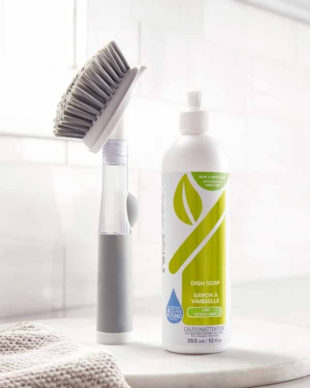 Soap-Dispensing Kitchen Scrub Brush and Dish Soap