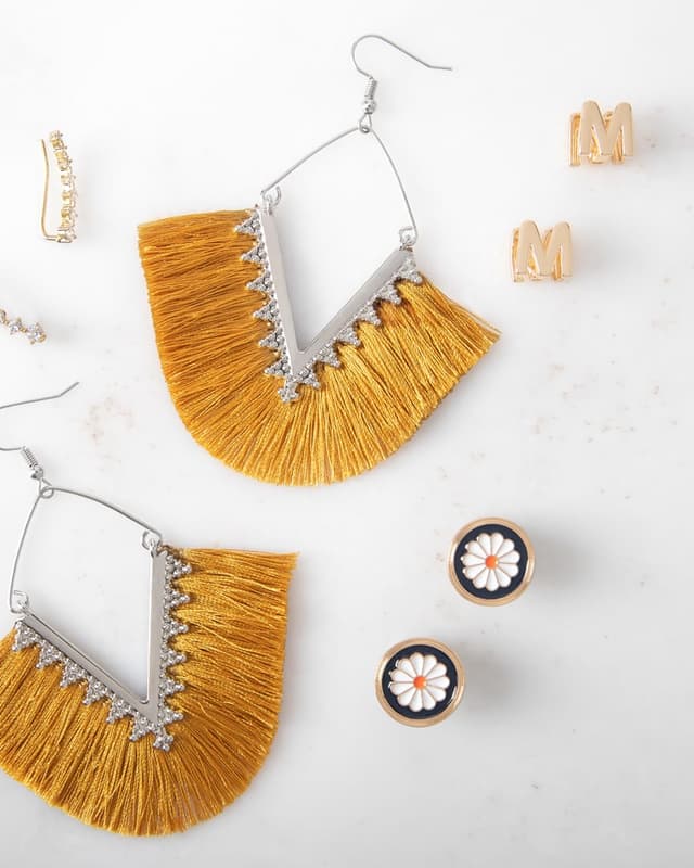Mustard fringe earrings with initial and daisy studs