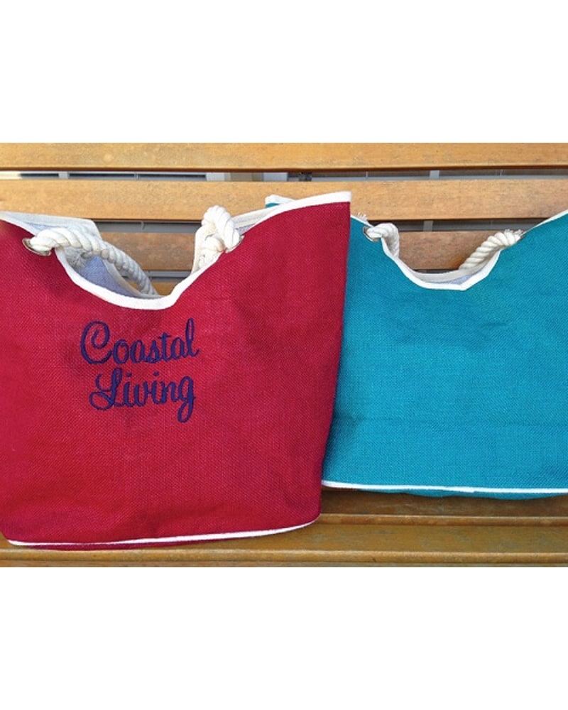 Jute beach totes with rope handles, one embroidered