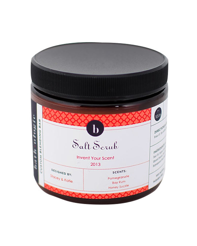 Custom-labeled Salt Scrub in an amber jar