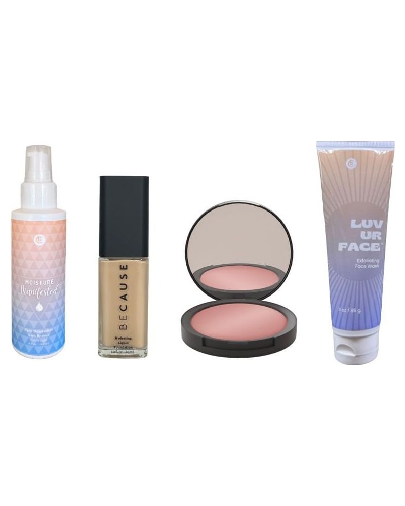 Face products: setting spray, foundation, blush and face wash