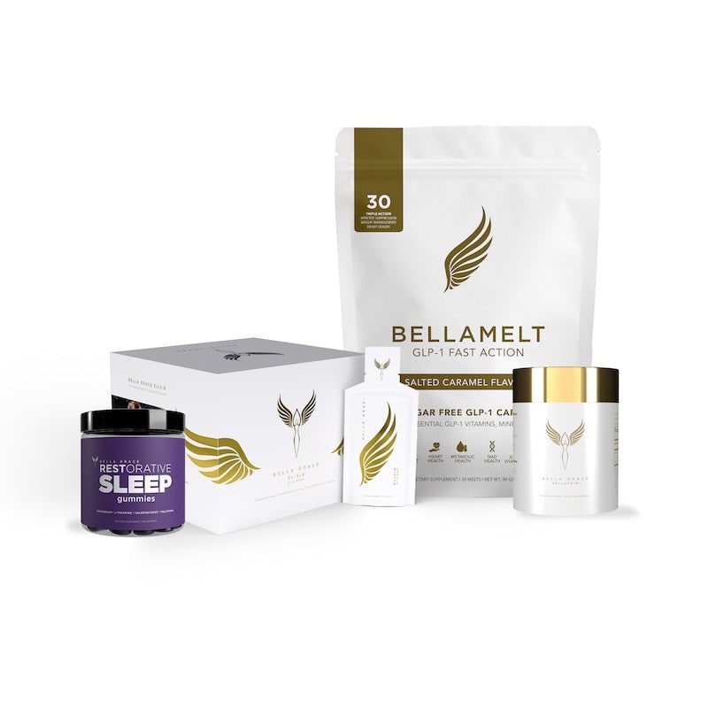 Bella Grace wellness products: Elixir box and sachet, Bella Melts, RESTorative Sleep Gummies and BellaTrim