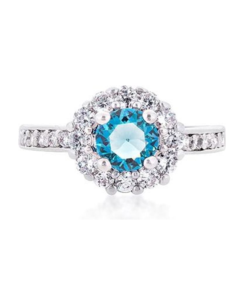 Halo ring with a blue center stone