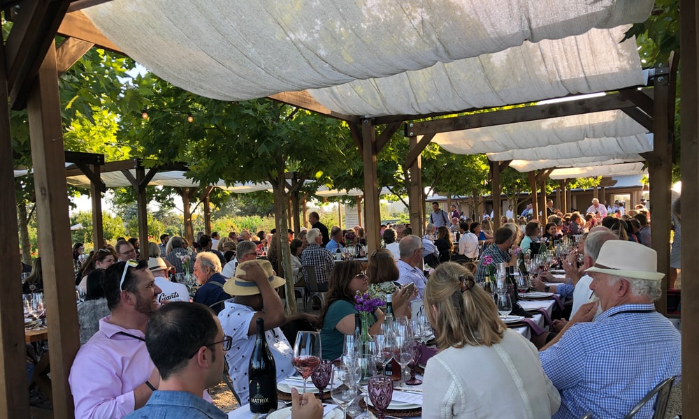Long tables of guests sharing wine under white canopies at an evening dinner at DeLoach Vineyards in Santa Rosa, California