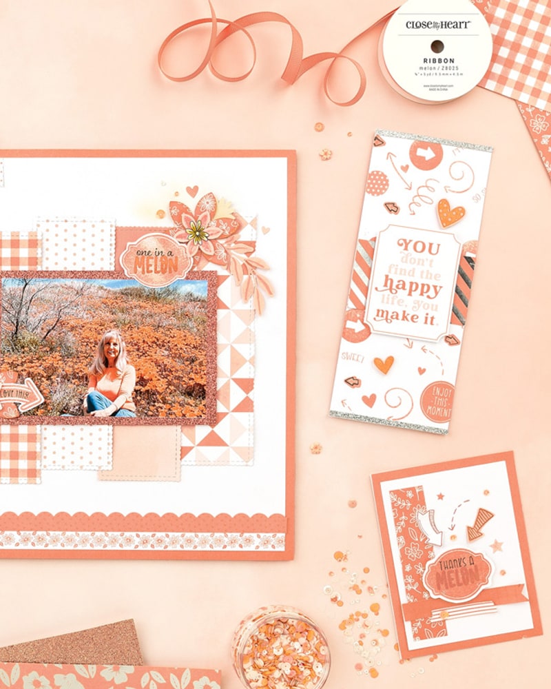 Coral scrapbook layout and cards from a summer paper collection