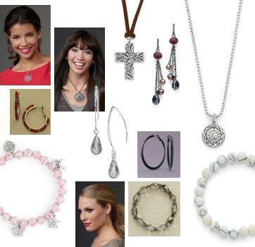 A collage of Cookie Lee pendants, crosses, hoop earrings and beaded bracelets from the 2012 line, with models wearing the pendants