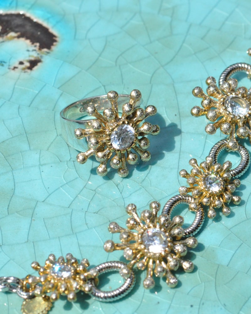 Gold-tone starburst crystal ring and link bracelet
