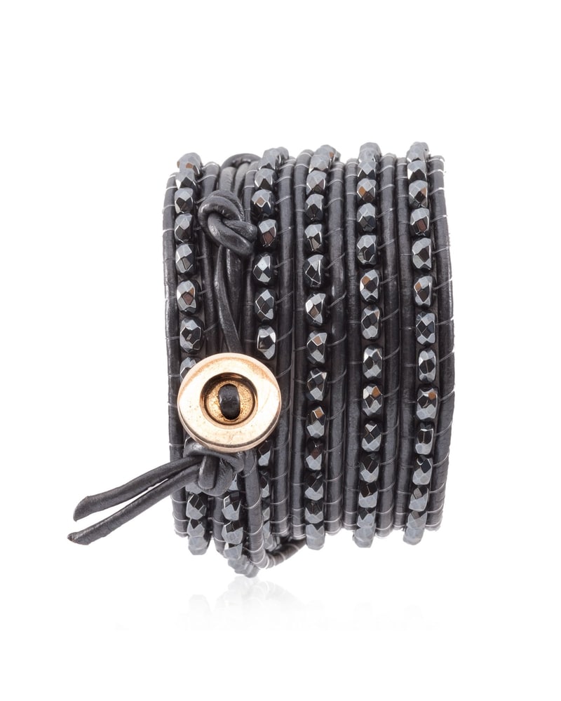Grey leather wrap bracelet with hematite beads
