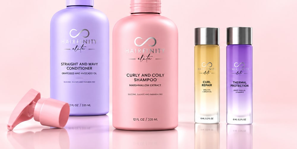 A lavender Straight and Wavy conditioner, a pink Curly and Coily shampoo and two small Power Shot bottles on a soft pink surface