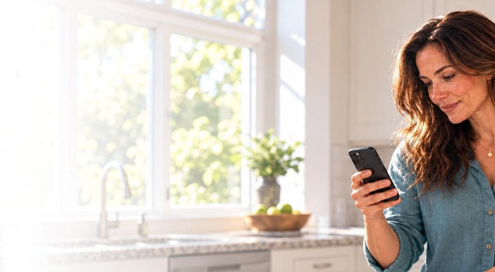 A woman checks her phone in a bright, sunlit kitchen