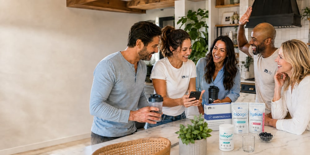 Five IDLife Associates laugh around a kitchen island with shaker bottles and IDLife products