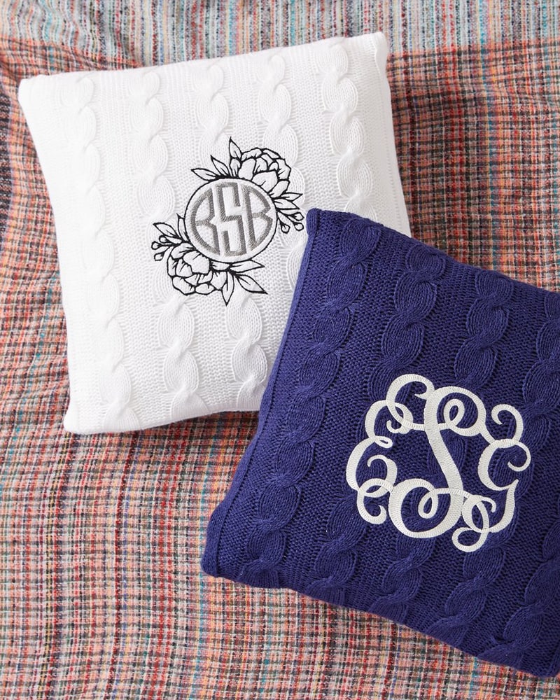 Monogrammed cable-knit pillows