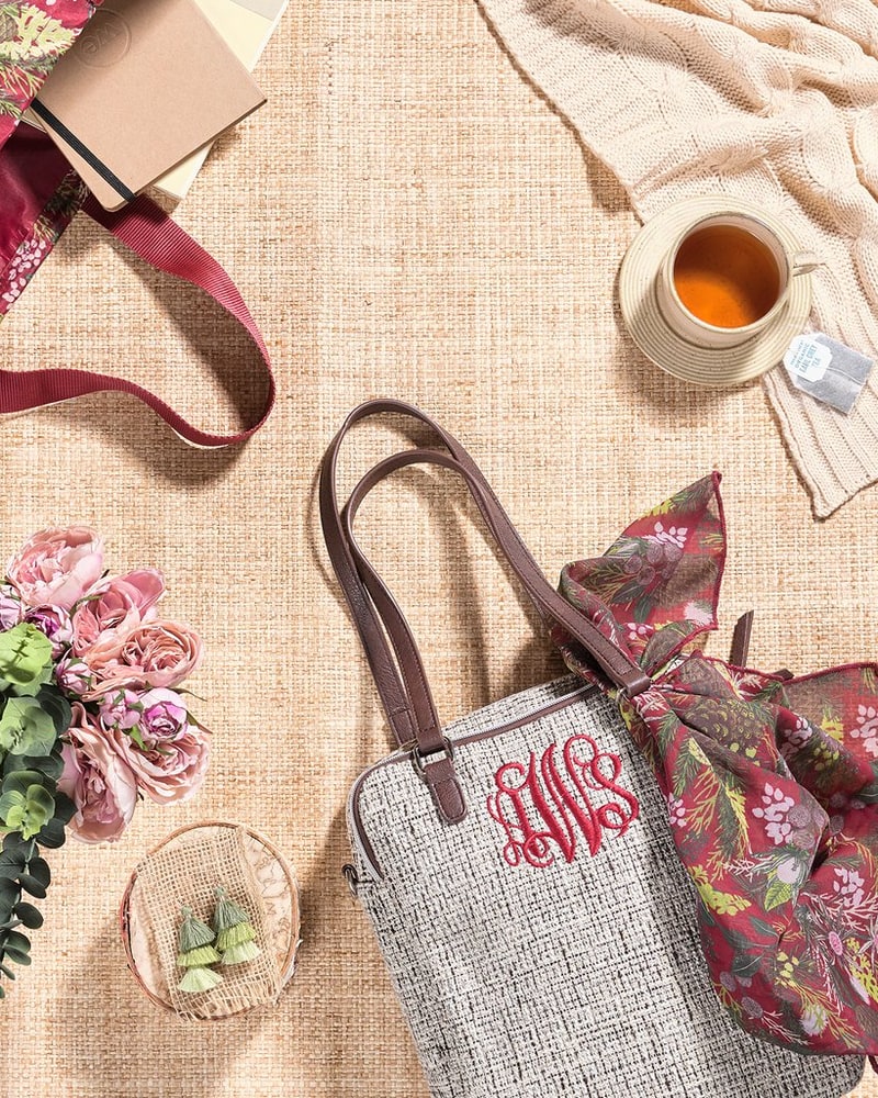 Monogrammed tweed tote with a printed scarf