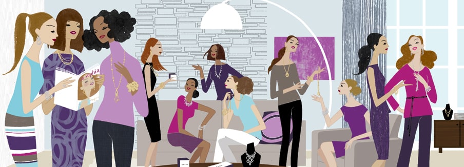 Illustration of a group of women at a living-room jewelry party trying on necklaces and browsing a catalog