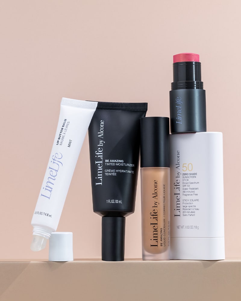 Lip Butter Balm, Be Amazing tinted moisturizer and concealer, Zero Shade SPF 50 stick and blush stick