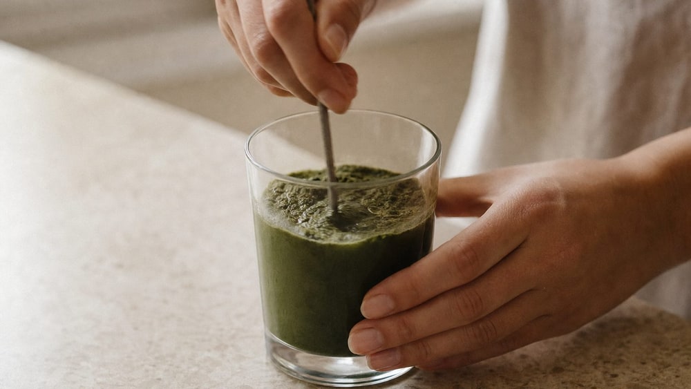 Hands stirring a glass of green superfood drink on a stone countertop