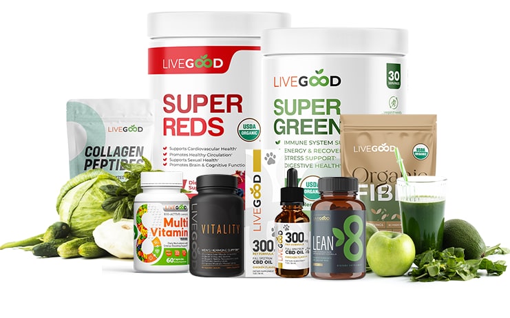 LiveGood Super Reds, Super Greens, Collagen Peptides, multivitamin, CBD oil and other products with fresh vegetables