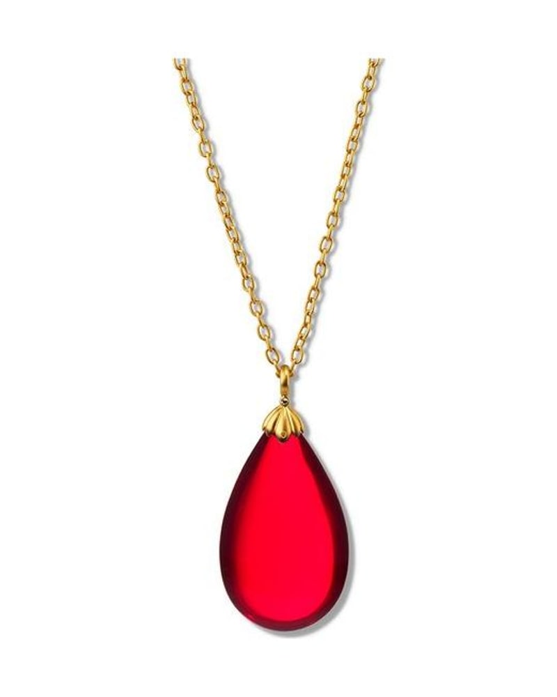 Red glass teardrop pendant on a gold-tone chain