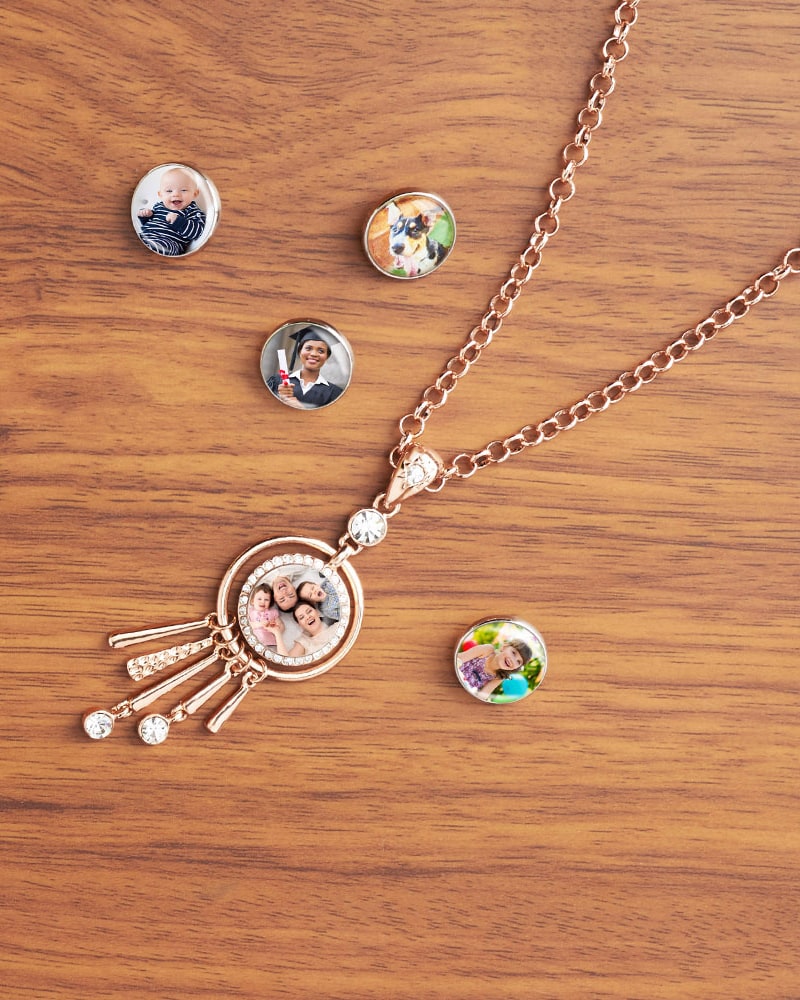 Custom photo Snaps with a rose gold-tone pendant
