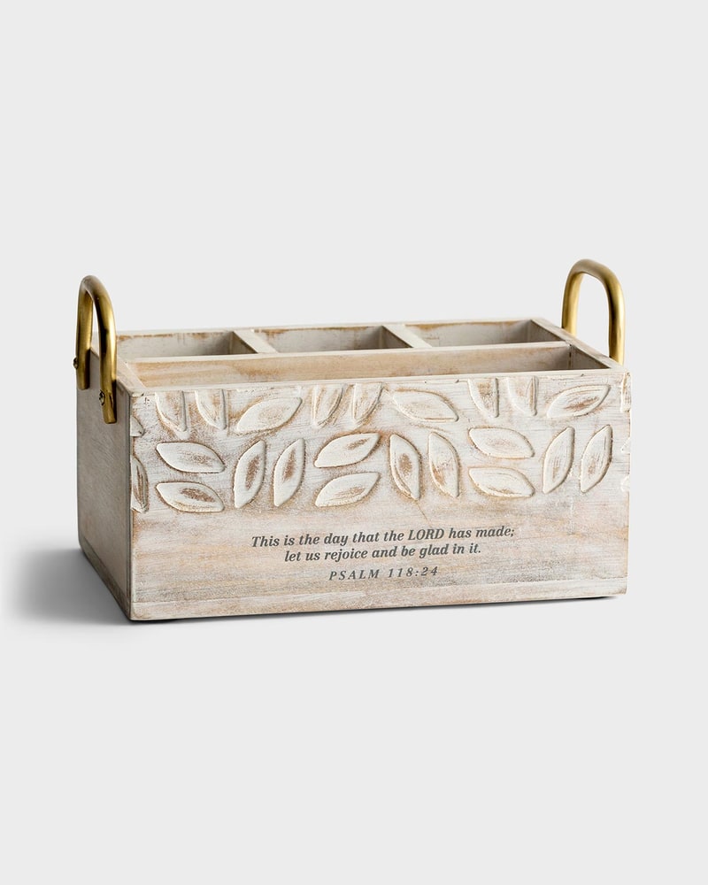 Carved wood utensil caddy with Psalm 118:24