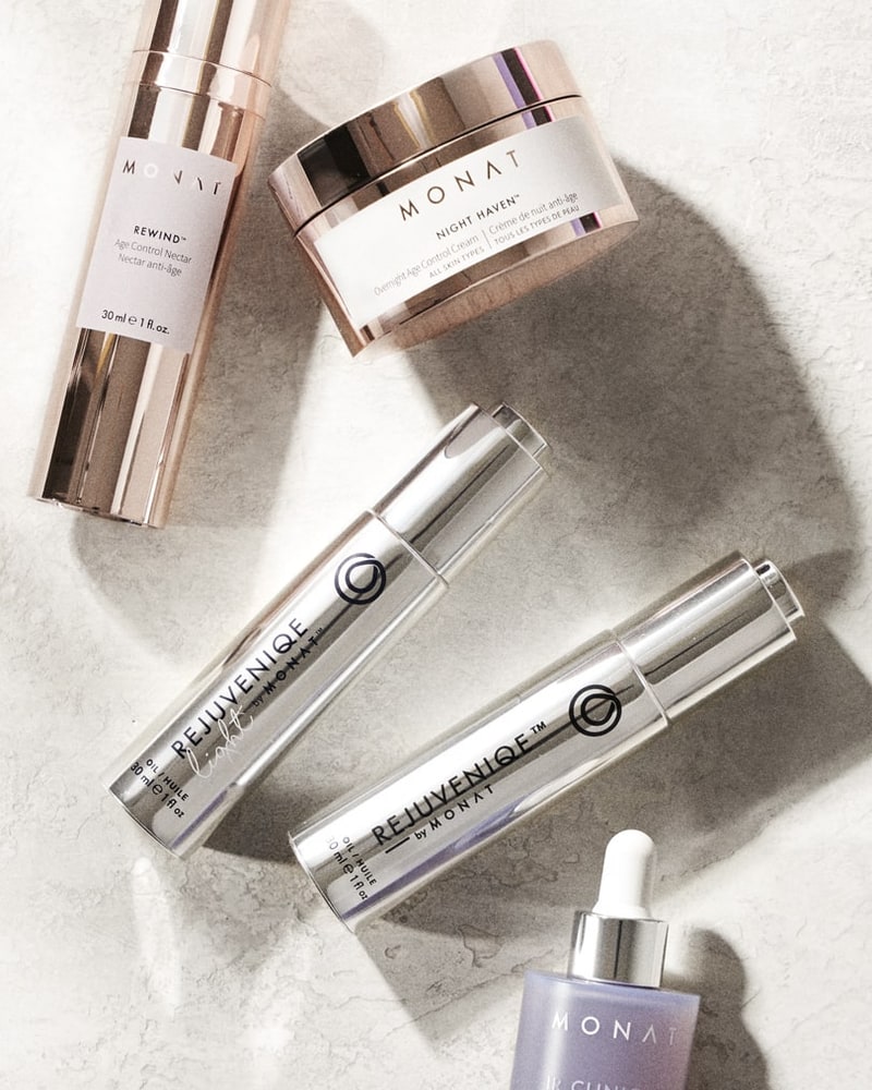 REWIND Age Control Nectar, Night Haven cream, REJUVENIQE oils and IR Clinical scalp serum
