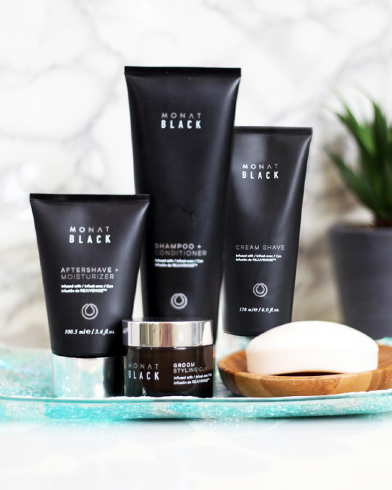 MONAT Black system for men: shave cream, aftershave moisturizer, shampoo and conditioner, styling clay