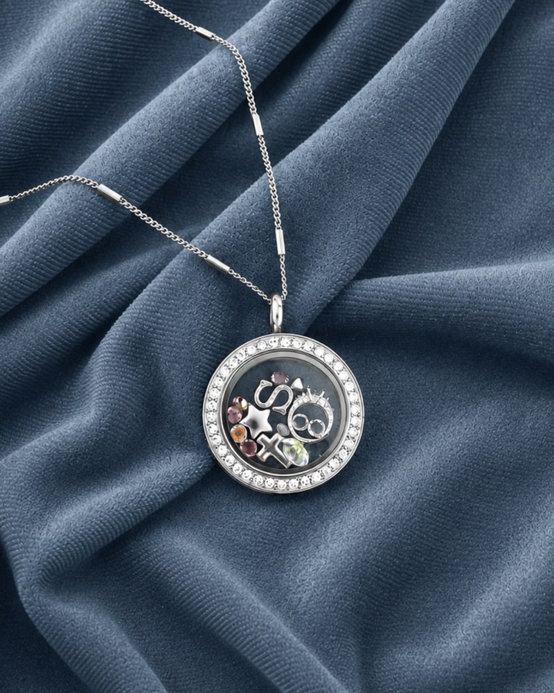 Medium silver Living Locket with crystals and charms