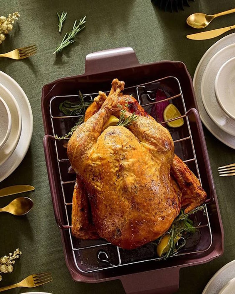 Roasting pan with rack, holiday table