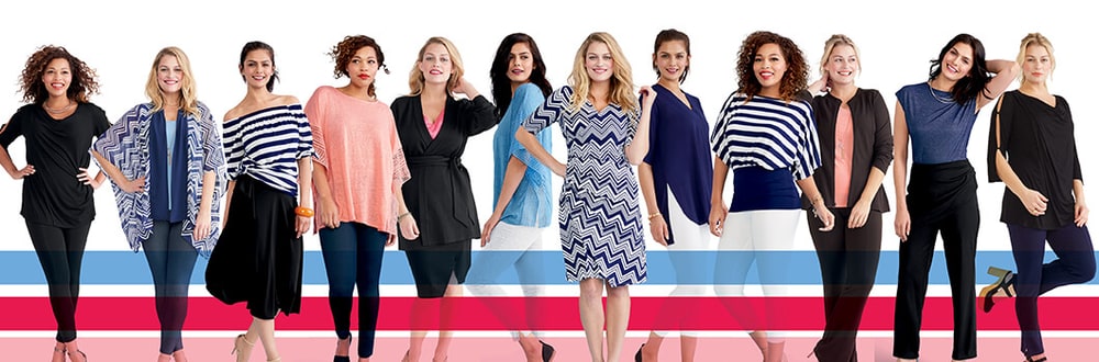 A line of twelve women of different sizes wearing Ruby Ribbon tops, cardigans, leggings and dresses