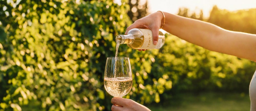 A hand pours Scout & Cellar white wine into a glass in front of a sunlit vineyard