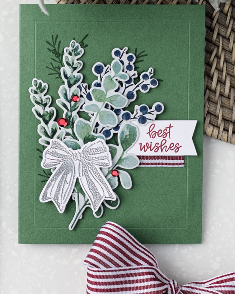 Green "best wishes" card with embossed bow and stamped foliage