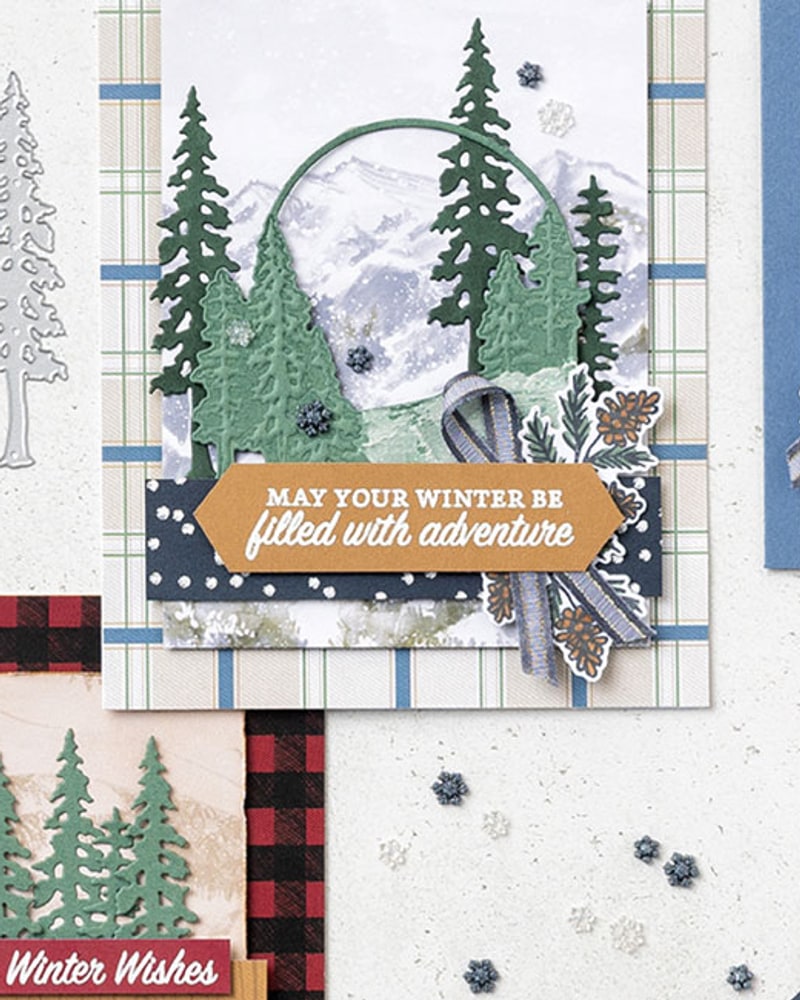 Winter mountain scene card with die-cut pine trees