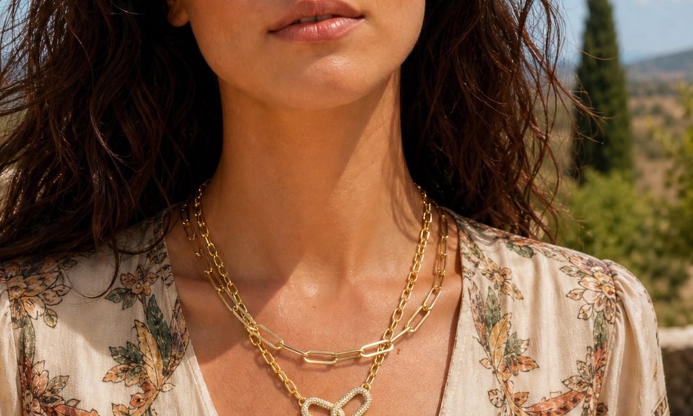 A woman outdoors on a sunny hillside wearing layered gold paperclip chain necklaces with a pavé link clasp