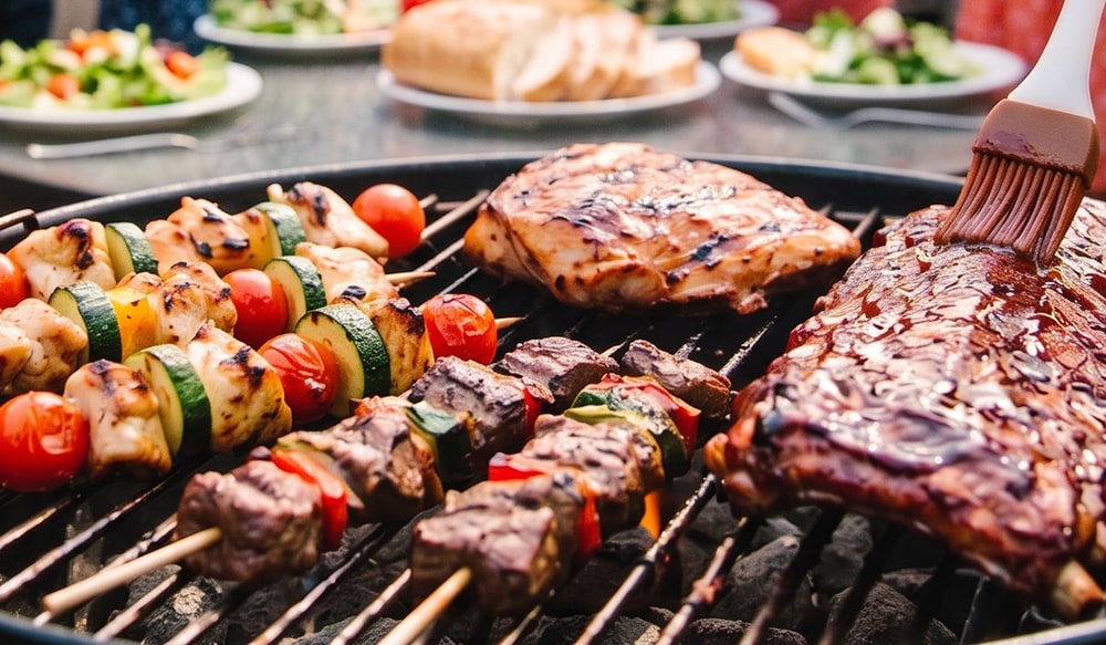 Chicken, vegetable kebabs and ribs being brushed with sauce on a charcoal grill, with salads and bread on a table behind