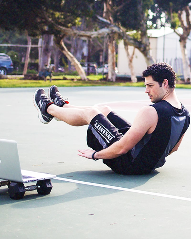 A streamed Beachbody workout outdoors