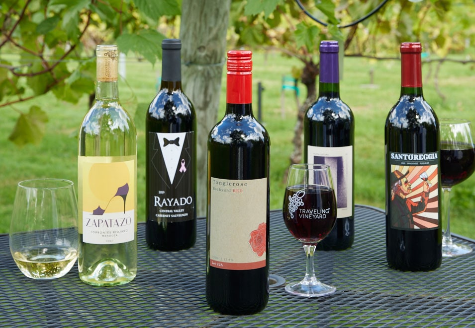 Five Traveling Vineyard wine bottles, including Rayado and Zapatazo, on an outdoor table among vines with glasses of red and white wine