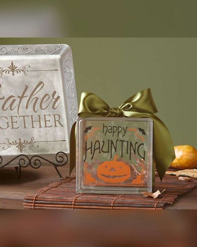Gather Together platter and Happy Haunting glass block